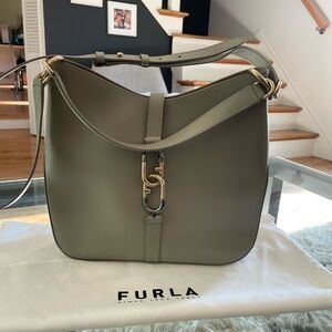 Furla Olive Green Shoulder Bag with Gold Accents